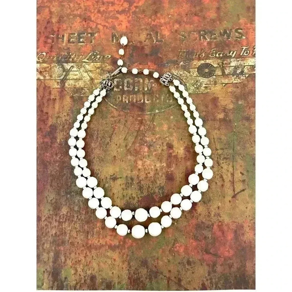 VTG Hobe White Glass Bead Necklace Layered Signed 16" 1960's Rare - Picture 13 of 15